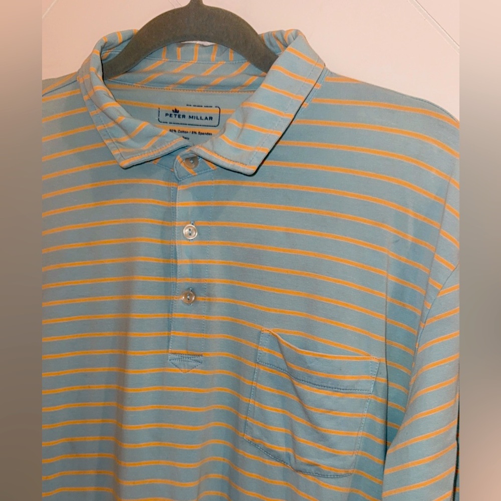 PETER MILLAR SEASIDE WASH Golf POLO shirt w/ pocket Large Minty Splash striped